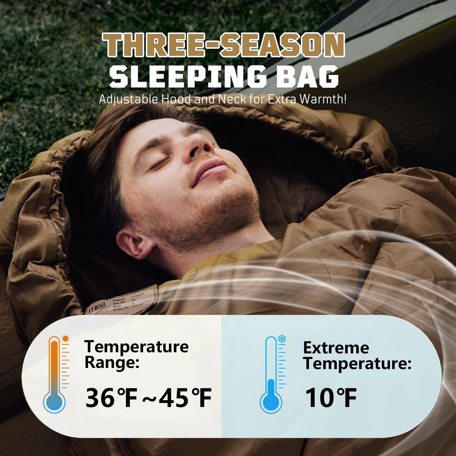 1TG Tactical Warm Weather Sleeping Bag for Camping, 36℉ to 45℉ Backpacking Sleeping Bags for Adults with Compression Sack for Camping, Hiking, Hunting and Outdoor Travel